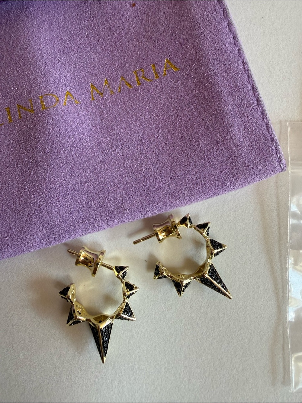 NWT. Melinda Maria Gold and Black Spike Hoop Earrings